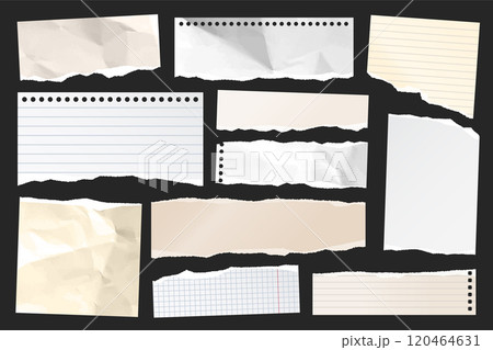 Ripped paper strips. Realistic crumpled paper scraps with torn edges. Shreds of notebook, book or old newspaper pages. Trendy collage elements. Vector illustration Ripped paper strips. Realistic crumpled paper scraps with torn edges. Shreds of notebook, book or old newspaper pages. Trendy collage elements. Vector illustration 120464631