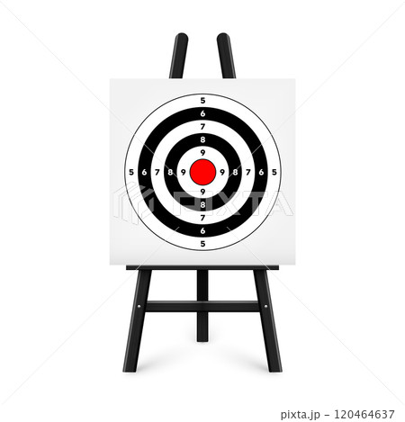 Shooting range target on a wooden easel stand. Paper target with divisions, marks and numbers. Archery, gun shooting and training, sport competition, hunting. Bullseye and aim. Vector illustration 120464637