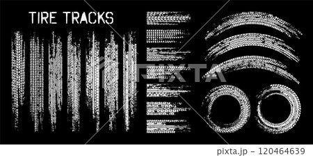 Grunge tire tracks, wheel braking marks. Truck, car or motorcycle tread pattern silhouettes. Auto race, motorsport, speed racing design element. Vector illustration Grunge tire tracks, wheel braking marks. Truck, car or motorcycle tread pattern silhouettes. Auto race, motorsport, speed racing design element. Vector illustration 120464639
