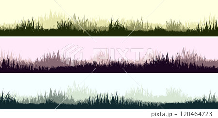 Meadow silhouettes with grass, plants on plain. Panoramic summer lawn landscape with herbs, various weeds. Herbal border, frame. Nature background. Green horizontal banner. Vector illustration Meadow silhouettes with grass, plants on plain. Panoramic summer lawn landscape with herbs, various weeds. Herbal border, frame. Nature background. Green horizontal banner. Vector illustration 120464723