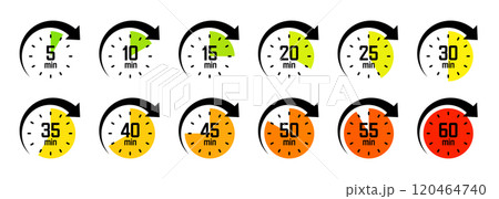 Stopwatch icons with pointer arrow. Colorful chronometer, time counter with dial. Countdown time, hours and minutes. Deadline, sport measurement. Cooking time label, sticker. Vector illustration 120464740