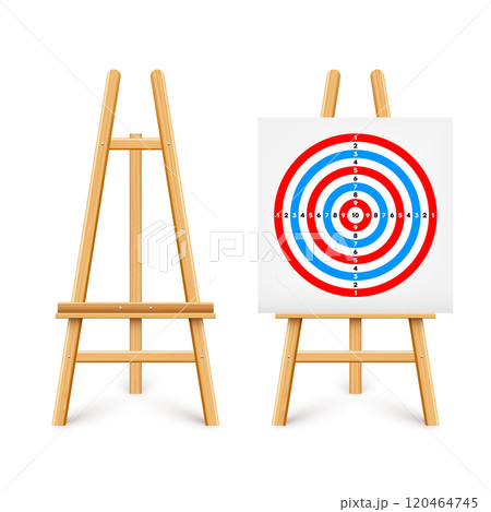 Shooting range target on a wooden easel stand. Paper target with divisions, marks and numbers. Archery, gun shooting and training, sport competition, hunting. Bullseye and aim. Vector illustration Shooting range target on a wooden easel stand. Paper target with divisions, marks and numbers. Archery, gun shooting and training, sport competition, hunting. Bullseye and aim. Vector illustration 120464745