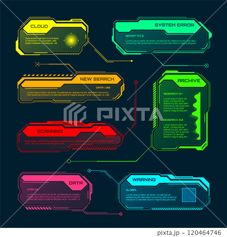 Futuristic HUD or UI elements. Sci-fi user interface text boxes, callouts. Colorful warning message frame, information boxes template. Modern game interface layout, digital style. Vector illustration 120464746