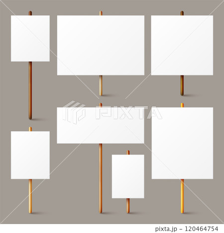Blank white protest sign with wooden holder. Various realistic vector demonstration banners. Strike action cardboard placard mockup. Social advertisement. Vector illustration Blank white protest sign with wooden holder. Various realistic vector demonstration banners. Strike action cardboard placard mockup. Social advertisement. Vector illustration 120464754