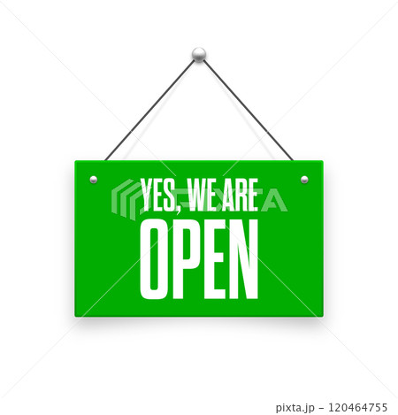 Realistic open hanging signboard. Vintage door sign for cafe, restaurant, bar or retail store. Announcement banner, information signage for business or service. Vector illustration 120464755