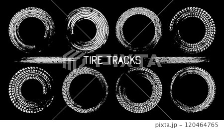 Grunge circle tire tracks, wheel braking marks. Truck, car or motorcycle tread pattern silhouettes. Auto race, motorsport, speed racing design element. Vector illustration Grunge circle tire tracks, wheel braking marks. Truck, car or motorcycle tread pattern silhouettes. Auto race, motorsport, speed racing design element. Vector illustration 120464765