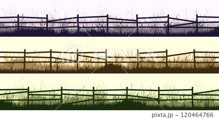 Meadow silhouettes with grass and old wooden fence. Countryside, panoramic summer lawn rural landscape with herbs, weeds. Herbal border, frame element. Brown horizontal banners. Vector illustration 120464766