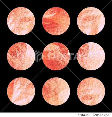 Rose gold foil, shiny handmade circles. Golden glittering texture, pattern. Luxury shining hand drawn background. Wedding greeting card decoration elements. Modern minimalist art. Vector illustration Rose gold foil, shiny handmade circles. Golden glittering texture, pattern. Luxury shining hand drawn background. Wedding greeting card decoration elements. Modern minimalist art. Vector illustration 120464768