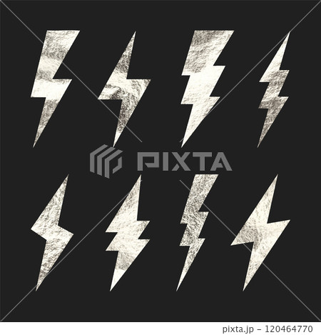 Silver lightning bolt icons collection. Gold foil texture. Flash symbol, thunderbolt. Simple lightning strike sign. Vector illustration 120464770