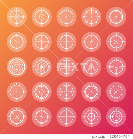 Colorful sniper rifle sights, weapon optical scope crosshair. Hunting gun viewfinder. Shooting mark symbol, aim. Military target sign. Game interface UI element. Vector illustration 120464794