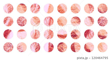 Rose gold foil, shiny handmade circles. Golden glittering texture, pattern. Luxury shining hand drawn background. Wedding greeting card decoration elements. Modern minimalist art. Vector illustration 120464795