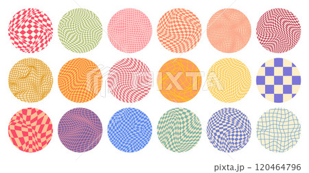 Groovy checkered pattern, round colorful tiled grid. Vintage wavy curved backdrop, distortion effect. Funky geometric chessboard texture, retro background in 90s style, y2k. Vector illustration 120464796