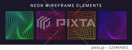 Colorful wireframe shapes, lined perspective mesh, 3d grid. Low poly geometric elements. Retro futuristic design elements, y2k, vaporwave and synthwave style. Vector illustration 120464801