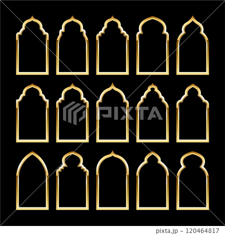 Islamic frames, oriental style. Golden arabic shapes, windows and arches. Traditional ornamental banner, frame. Muslim holidays, Ramadan Kareem. Modern eastern architecture. Vector illustration Islamic frames, oriental style. Golden arabic shapes, windows and arches. Traditional ornamental banner, frame. Muslim holidays, Ramadan Kareem. Modern eastern architecture. Vector illustration 120464817