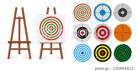 Shooting range target on a wooden easel stand. Paper target with divisions, marks and numbers. Archery, gun shooting and training, sport competition, hunting. Bullseye and aim. Vector illustration 120464822