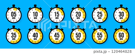 Stopwatch icons. Colorful simple chronometer, time counter with dial. Countdown timer showing hours and minutes. Deadline, measurement for sport. Cooking time label, sticker. Vector illustration 120464828