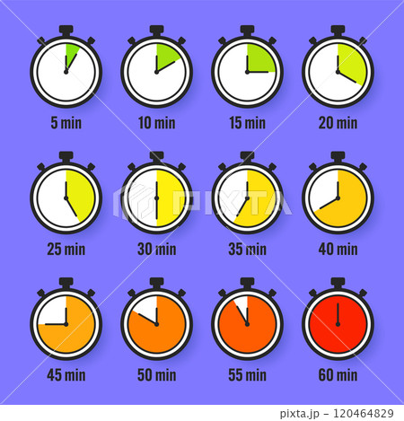 Stopwatch icons. Colorful simple chronometer, time counter with dial. Countdown timer showing hours and minutes. Deadline, measurement for sport. Cooking time label, sticker. Vector illustration Stopwatch icons. Colorful simple chronometer, time counter with dial. Countdown timer showing hours and minutes. Deadline, measurement for sport. Cooking time label, sticker. Vector illustration 120464829