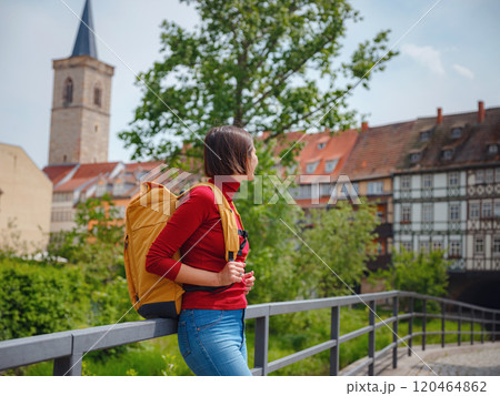 Tourist woman explores beautiful city of Erfurt, 120464862