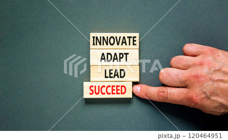 Innovate adapt lead succeed symbol. Concept words Innovate Adapt Lead Succeed on beautiful wooden blocks. Beautiful grey background. Business innovate adapt lead succeed concept. Copy space. Innovate adapt lead succeed symbol. Concept words Innovate Adapt Lead Succeed on beautiful wooden blocks. Beautiful grey background. Business innovate adapt lead succeed concept. Copy space. 120464951