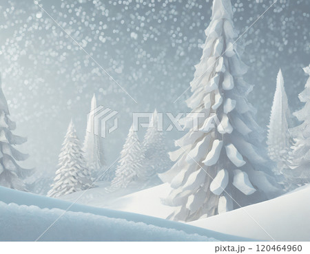 雪山の景色。雪の積もった針葉樹。AI生成画像。 120464960