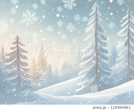 雪山の景色。雪の積もった針葉樹。AI生成画像。 雪山の景色。雪の積もった針葉樹。AI生成画像。 120464961