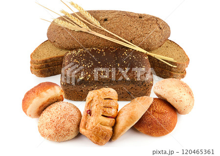 Organic wholemeal bread and sweet pastries isolated on white. Organic wholemeal bread and sweet pastries isolated on white. 120465361