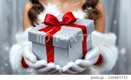 Beautiful and happy girl in New Year's outfit with gifts in her hands 120465731