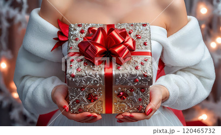 Beautiful and happy girl in New Year's outfit with gifts in her hands 120465732