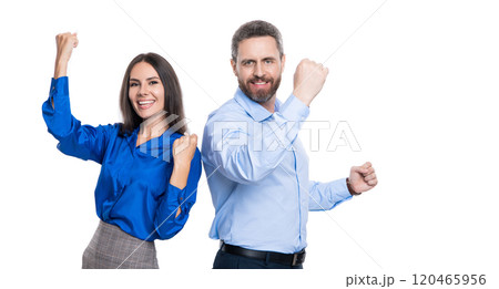 Successful businesspeople celebrate deal isolated on white. Businesspeople having fun. Business success celebration and fun. Business corporate party after successful deal. Monumental success 120465956