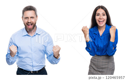 Businesspeople having fun. Business success celebration and fun. Business corporate party after successful deal. Successful businesspeople celebrate deal isolated on white. Achieve victory 120465957