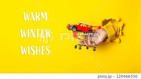 Hand holding a toy car in a shopping cart with the words warm winter wishes 120466350