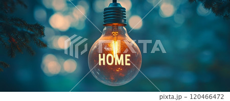Light bulb with home text against blurred outdoor background, conceptual idea of warmth and comfort Light bulb with home text against blurred outdoor background, conceptual idea of warmth and comfort 120466472