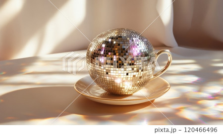 Disco ball shaped mug on a saucer with colorful reflections 120466496