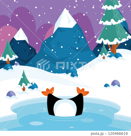 Penguin diving in icy pond under snowfall, Vector 120466619
