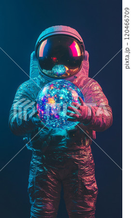 Astronaut holding glowing cosmic orb, futuristic exploration concept 120466709