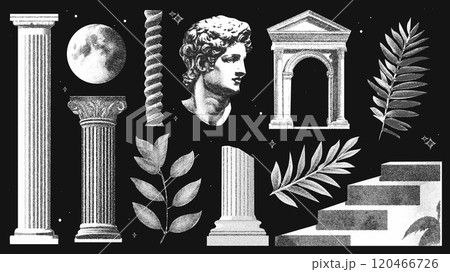 Collage halftone set with Greek sculpture and column. Vector art of ancient leaves, moon, and arches 120466726