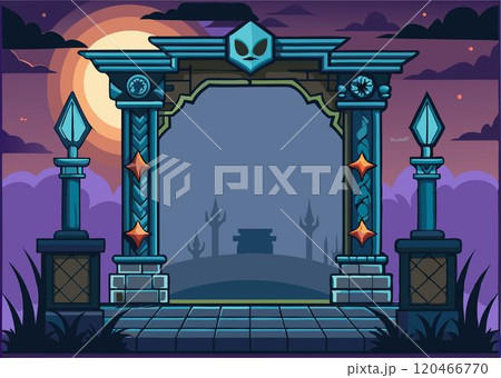 Magic arch. Ancient stone gate. Fantasy teleport door. Portal frame. Wizard doorway. Mysterious castle gateway entrance Magic arch. Ancient stone gate. Fantasy teleport door. Portal frame. Wizard doorway. Mysterious castle gateway entrance 120466770