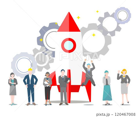 ビジネスチームー歯車とロケットースタートアップのグローバルイラストベクター素材 120467008