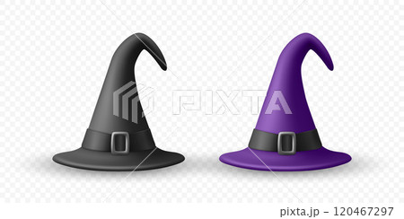 Vector 3d Realistic Witch Hats Illustration. Purple and Black Witch Hat for Halloween. Spooky Decor, Design Element, Icons. Halloween Vector Art for Seasonal Graphics 120467297