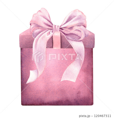 Purple gift box with pink ribbon bow. Hand drawn watercolor illustration of present for holidays greeting cards or birthday invitations. Drawing for celebrations design and event decorations. 120467311