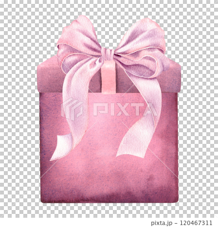 Purple gift box with pink ribbon bow. Hand drawn watercolor illustration of present for holidays greeting cards or birthday invitations. Drawing for celebrations design and event decorations. 120467311