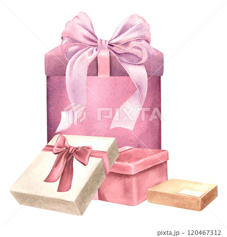 Gift cardboard boxes with ribbons and bows. Hand drawn watercolor illustration of presents for holidays on isolated background. Drawing of surprise package for Birthday greeting cards or invitations. 120467312