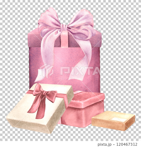 Gift cardboard boxes with ribbons and bows. Hand drawn watercolor illustration of presents for holidays on isolated background. Drawing of surprise package for Birthday greeting cards or invitations. Gift cardboard boxes with ribbons and bows. Hand drawn watercolor illustration of presents for holidays on isolated background. Drawing of surprise package for Birthday greeting cards or invitations. 120467312