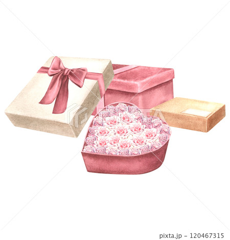 Gift cardboard boxes with ribbons and bows. Hand drawn watercolor illustration of presents for holidays on isolated background. Drawing of surprise package for Birthday greeting cards or invitations. 120467315