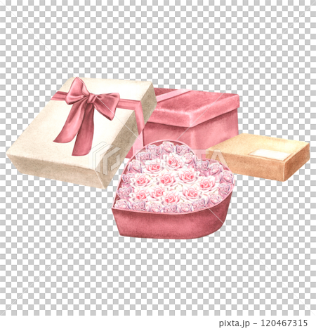 Gift cardboard boxes with ribbons and bows. Hand drawn watercolor illustration of presents for holidays on isolated background. Drawing of surprise package for Birthday greeting cards or invitations. 120467315