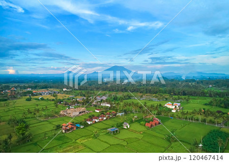 Panorama of Mount Agung and rice fields on the island of Bali. Panorama of Mount Agung and rice fields on the island of Bali. 120467414