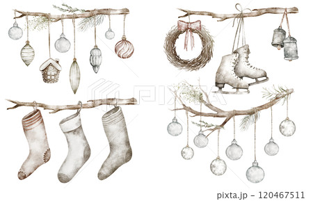 Watercolor illustration of rustic Christmas decorations hanging on branches. Includes stockings, ice skates, a wreath, and baubles in a cozy, minimalist style. Seasonal designs Nordic, vintage style. Watercolor illustration of rustic Christmas decorations hanging on branches. Includes stockings, ice skates, a wreath, and baubles in a cozy, minimalist style. Seasonal designs Nordic, vintage style. 120467511