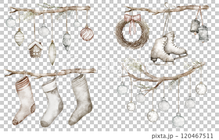 Watercolor illustration of rustic Christmas decorations hanging on branches. Includes stockings, ice skates, a wreath, and baubles in a cozy, minimalist style. Seasonal designs Nordic, vintage style. Watercolor illustration of rustic Christmas decorations hanging on branches. Includes stockings, ice skates, a wreath, and baubles in a cozy, minimalist style. Seasonal designs Nordic, vintage style. 120467511