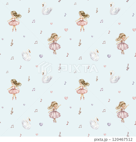Watercolor seamless pattern with cute little ballerinas and swans. Hand drawn illustration heart and notes or treble clef on isolated background. Background for girl textile with dancing in pink dress 120467512