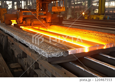 Heavy machinery shaping molten steel in production facility during industrial processing. 120467553